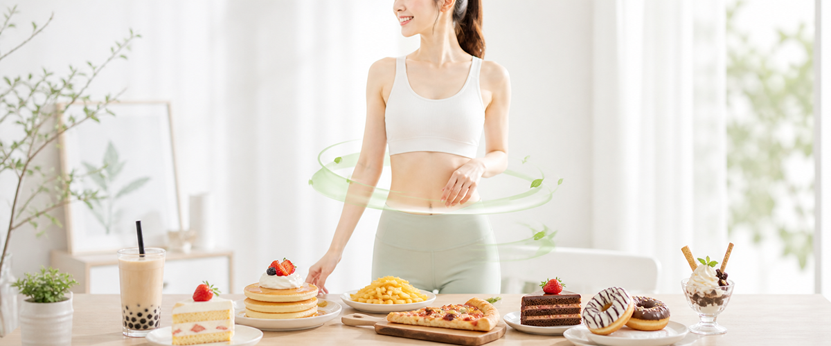 Weight management lifestyle concept with indulgent desserts and healthy slim body balance